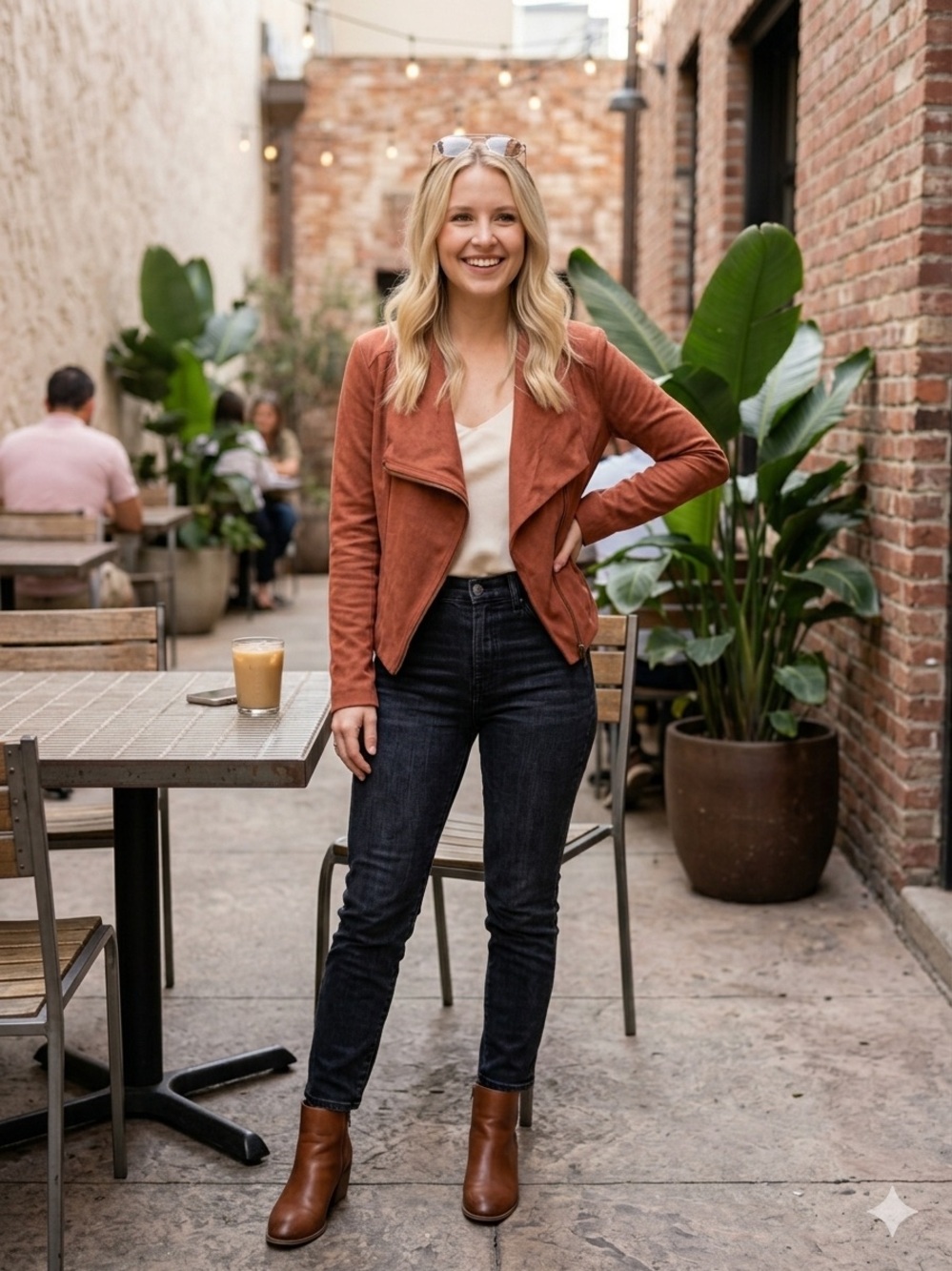 Mod Ref Rust Suede Moto Jacket with Black High-Rise Skinny Jeans